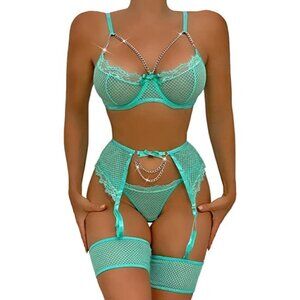 SEXY Eyelash Fishnet Lingerie Chain Babydoll Underwire Bra Panty Set Garter Belt